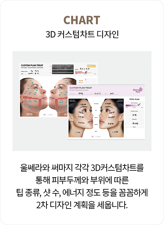 3D 커스텀차트 디자인: 울쎄라와 써마지 각각 3D커스텀차트를 통해 피부두께와 부위에 따른 팁 종류, 샷 수, 에너지 정도 등을 꼼꼼하게 2차 디자인 계획을 세웁니다.